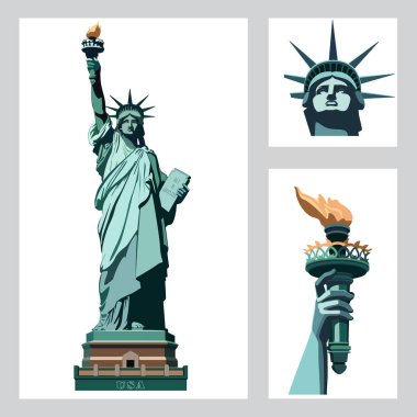 Özgürlük ABD heykeli. Sanat. New York landmark. Bronz heykel. Üç illüstrasyonlar ayarlayın. Kartpostal ve el ilanı, beyaz zemin üzerine yeşil logo. Amerikan simgesi. Setleri, templates.logo, simge, Eps 10 en iyi