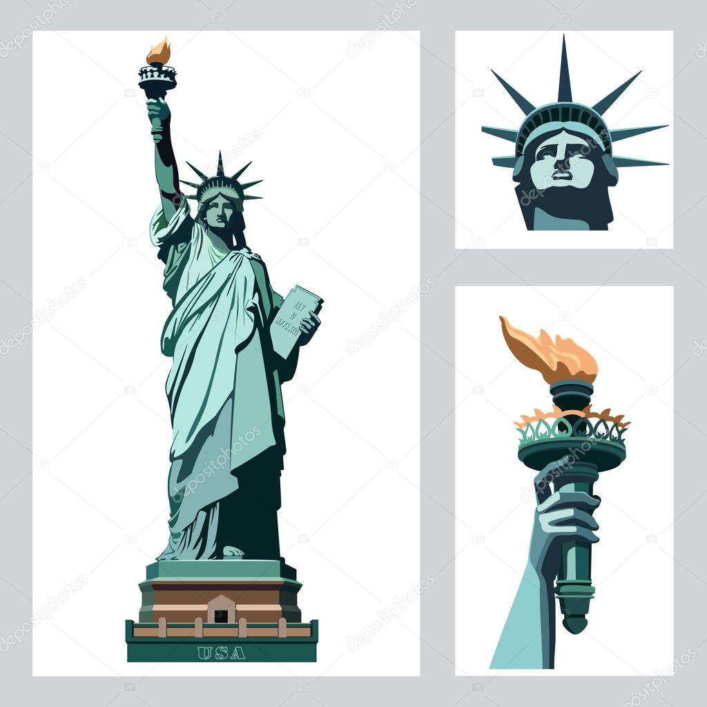 Statue of Liberty USA. ART. New York landmark. The bronze sculpture. Set three illustrations. postcard and flyer,Green logo on a white background.American symbol.Best sets, templates.logo, icon,EPS 10