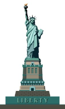 Özgürlük heykeli. Resimde beyaz zemin üzerinde. Amerika Birleşik Devletleri. New York'ta anıt heykel. Amerika'nın ulusal sembolü. Tanıtımı kuruluş raporlama, pazarlama, hat, 4 Temmuz kullanın, elinde, teknoloji, logo vektör yakın