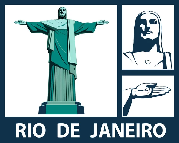 Statue Christ Savior Landmark Rio Janeiro Set Green Lustration White — 图库矢量图片