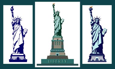 Bize özgürlük heykeli. Küme, şablon, New York City Landmark. Poster heykel, illüstrasyonlar. Beyaz bir arka plan üzerinde yeşil logo. Amerikan simgesi. Sunumlar, metin, Amblemler, etiketleri, logo, etiket, hudson, turizm, kartpostallar, seyahat, kadın, vektör kullanın