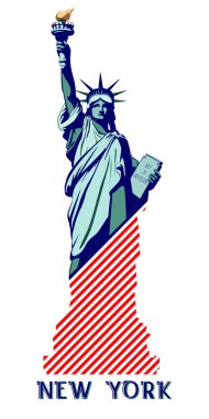New York, özgürlük heykeli. Bir Meşalesi koludur. Amerika Birleşik Devletleri. 4 Temmuz, iş, sokak düzeni. Düz afiş, dikey. 3D mektup yazı tipi. Mavi metin, beyaz bir arka plan üzerinde koyu yeşil illüstrasyon. yıldız, devlet, heykel, çizgili, sembol, mavi mektuplardan, Birleşik vektör