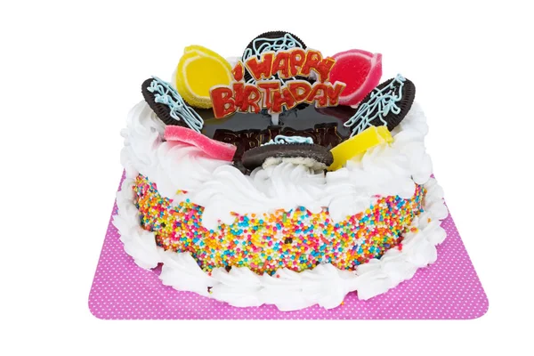Tort Urodzinowy Happa Zbliżenie Słodkie Jedzenie Białym Tle Ścieżką Przycinającą — Zdjęcie stockowe