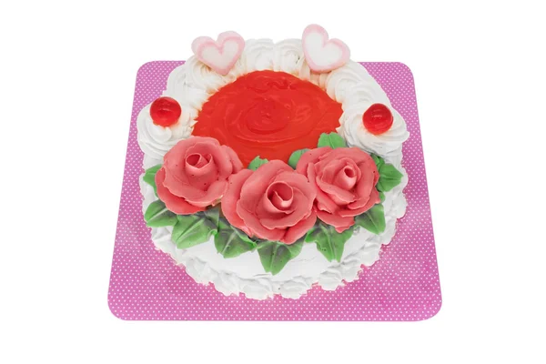 Tort Serca Róże Zbliżenie Słodkie Jedzenie Białym Tle Ścieżką Przycinającą — Zdjęcie stockowe