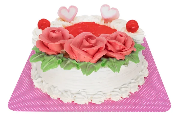 Torte Mit Herzen Und Rosen Nahaufnahme Von Süßem Essen Auf — Stockfoto