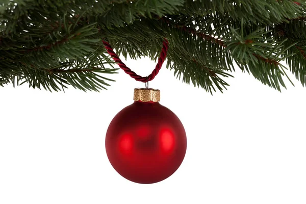 Karácsonyfa Piros Csecsebecse Elszigetelt Fehér Háttér — Stock Fotó