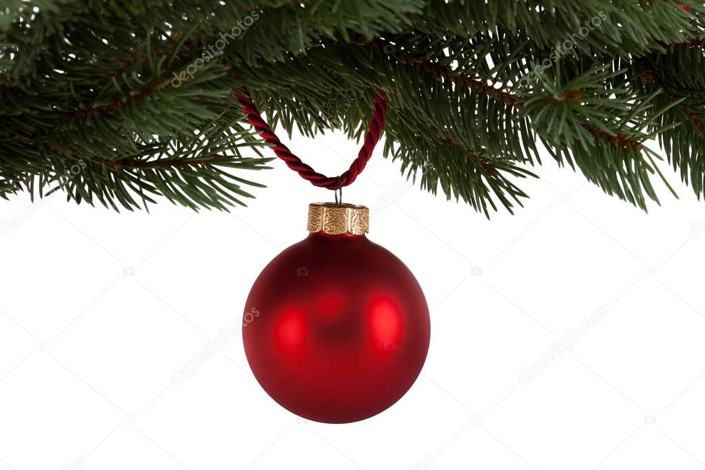 christmas tree with red bauble, isolated against white background