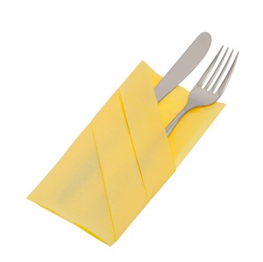 Çatal ve bıçak kırpma yoluyla, zarif sarı tablo peçeteye çatal bıçak takımı