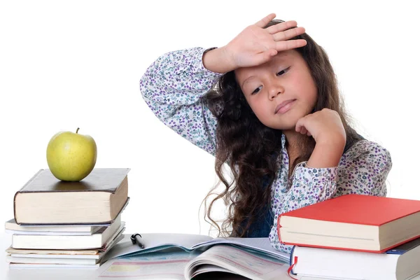 Chica Aprende Para Escuela Tarea Con Libros Manzana Antes Fondo — Foto de Stock