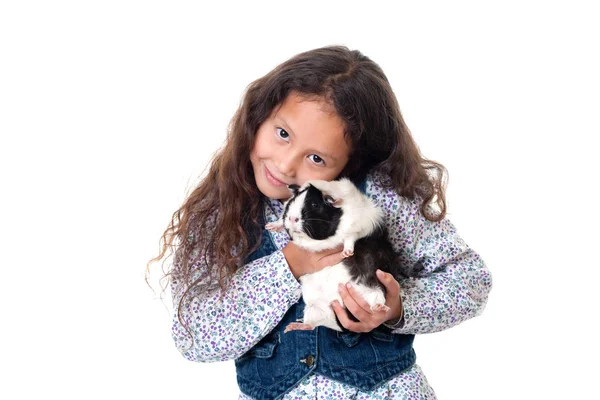 Mooi Meisje Met Cavia Kind Houd Huisdieren Voor Witte Achtergrond — Stockfoto