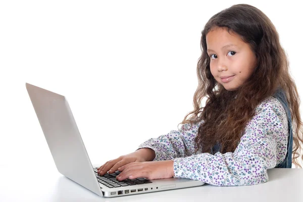 Girl Sits Laptop Child Computer White Background — Stock Photo, Image