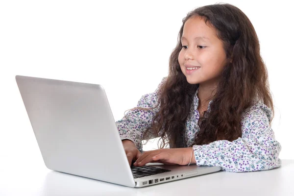 Girl Sits Laptop Child Computer White Background — Stock Photo, Image