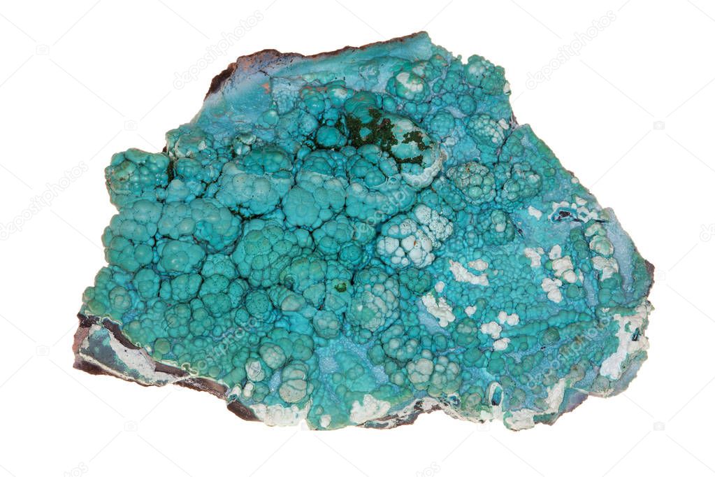 Chrysocolla, raw stone for the processing as jewellery onwhite background