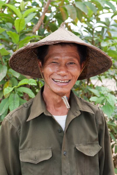 Geleneksel Vietnam şapka ile dostça Asya portresi