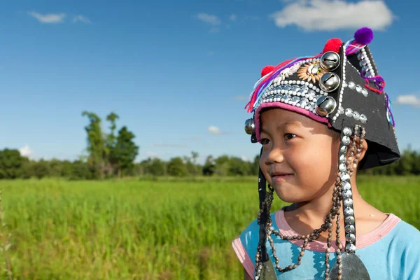 Asian Boy Ethnic Akha Traditional Clothing Rice Paddy — Stock Photo, Image