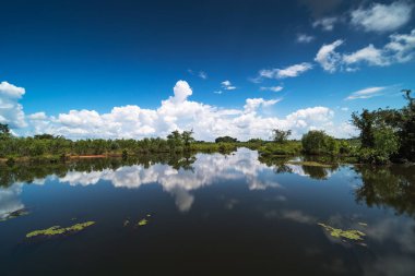 Göl ile yansıma bulutlar, ayakta su ile pastoral manzara