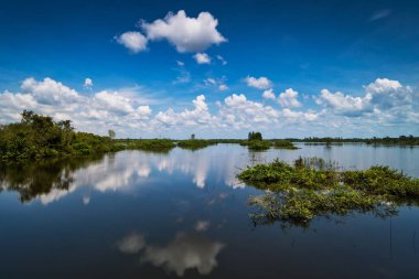 Göl ile yansıma bulutlar, ayakta su ile pastoral manzara