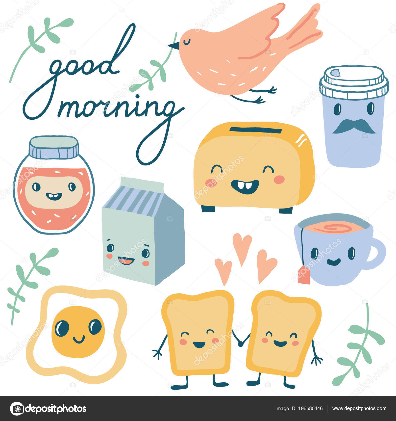 God Morgen Morsomme Karakterer Frokostvektorsamling Brød Kopp Kaffe Melk  Brødrister stockvektor © lenanikolaeva #196580446, image size:1600x1700