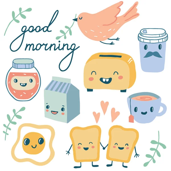 Guten Morgen Lustige Charaktere Frühstücksvektorsammlung Toasts Brot Tasse Kaffee Tee — Stockvektor