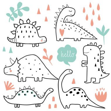 Sevimli dinozor ve tropik bitkiler. Komik karikatür dino koleksiyonu. Elle çizilmiş vektör kümesi doodle