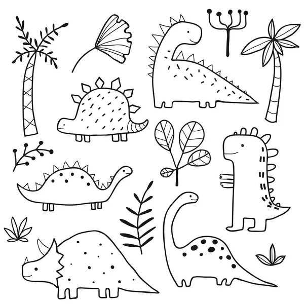 Jolis Dinosaures Plantes Tropicales Funny Collection Dessins Animés Dino Ensemble — Image vectorielle