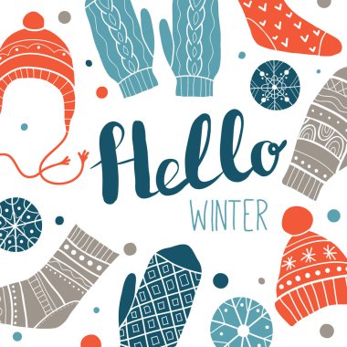 Merhaba kış. Renkli tebrik kartı veya baskı tasarımı 