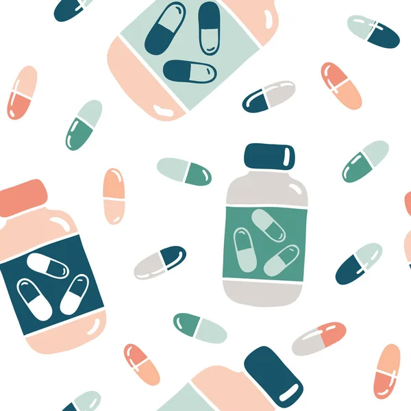 Modèle sans couture avec des pilules et des bouteilles en différentes couleurs — Image vectorielle