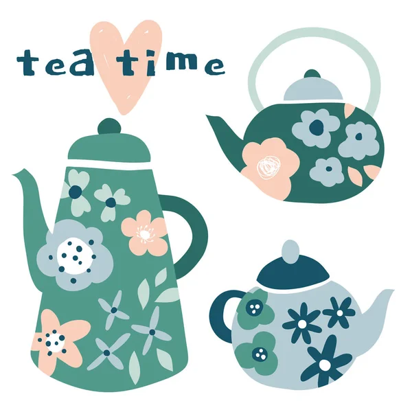 Hora del té. Calderas florales con flores — Vector de stock