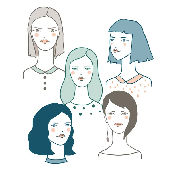 Kız Avatarlar Karakter Nsanların Sevimli Yüzleri Kız Doodle Portre Trendy — Stok Vektör