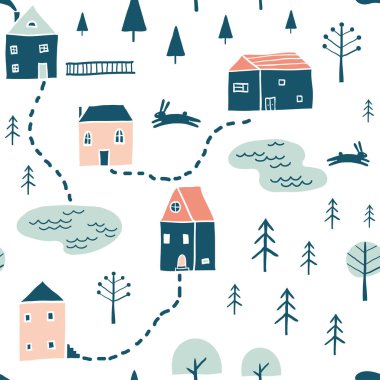 Sorunsuz manzara desen. İskandinav basit minimalist evler, göller ve ağaçlar. Komik harita doku. Şirin stilize şehir. Çizgi film sokak Gösterim amacıyla çocuk Tekstil, kumaş el çekilmiş