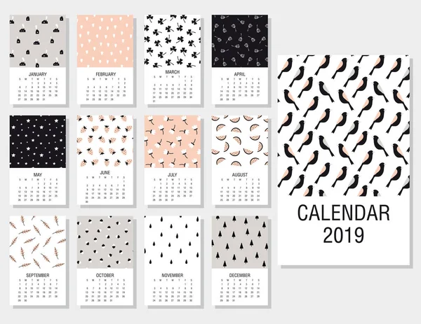 かわいいカレンダー 2019 簡単な落書きと印刷用テンプレート手描画テクスチャです ベクトルの図 漫画のスタイル モダンなクリエイティブ — ストックベクタ