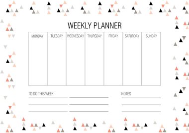 Haftalık planlayıcısı şablonu. Vektör. Elle çizilmiş üçgenler doku. Soyut şekiller. İleti örneği tertipçi ve program. Printablefor günlük planları. Notlar ve yapılacaklar listesi.