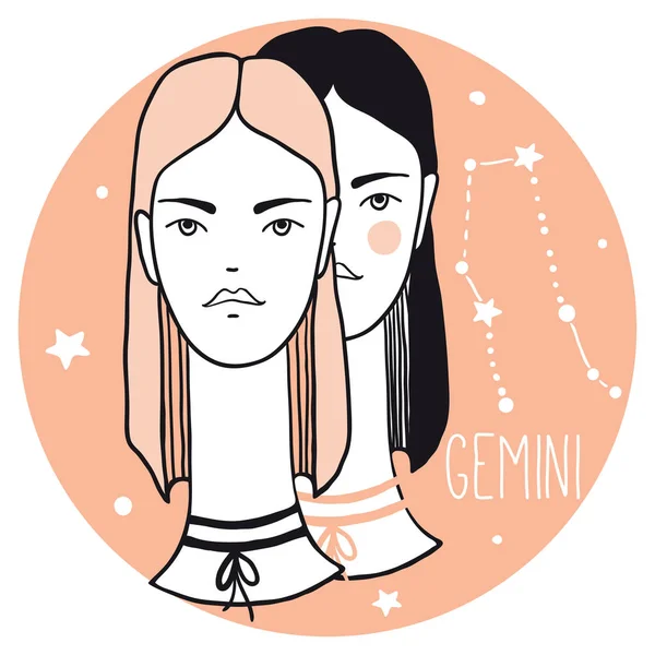 Gemini girls. Sketch style woman with zodiac sign — Stock Vector