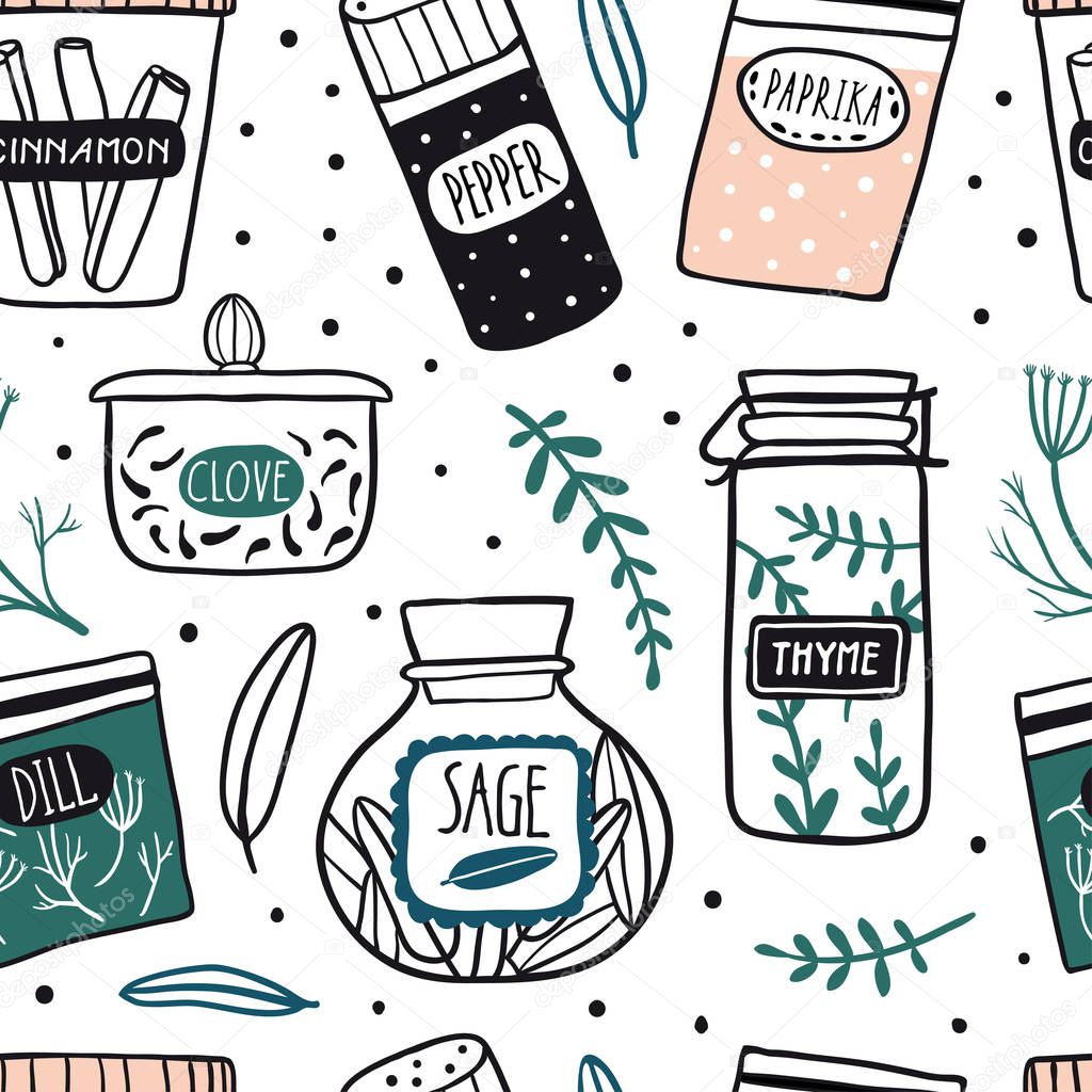 Herbs and spices jars seamless pattern