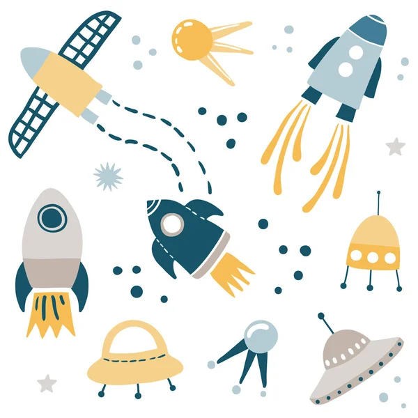 Lindo conjunto de diseño de ilustración de vectores espaciales para niños — Vector de stock