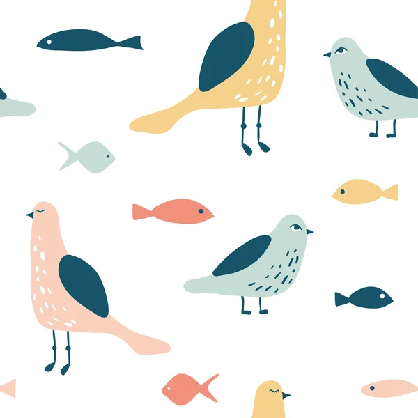 Смішний безшовний візерунок чайки і риби — стоковий вектор
