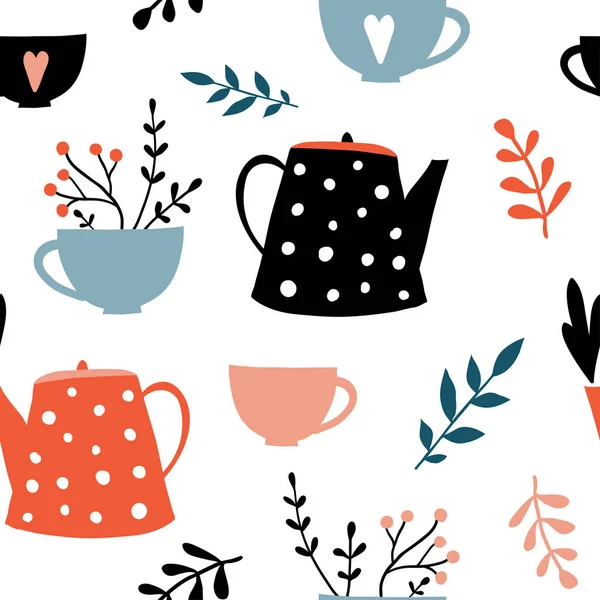 Милый чайник и чашка бесшовный узор — стоковый вектор