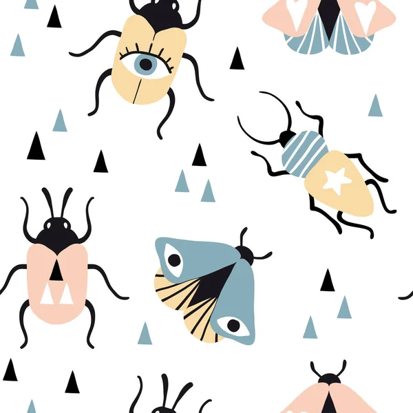 Seamless pattern with magic insects and triangles — Stock Vector