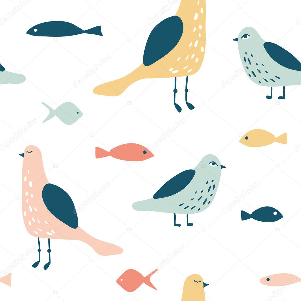 Funny seagull and fish seamless pattern