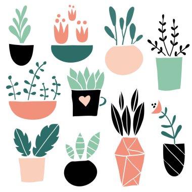 Şirin renkli elle çizilmiş saksı kümesi