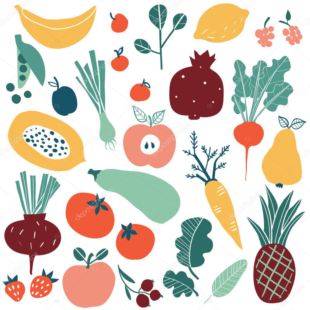 Set with hand drawn doodle fruits and vegetables