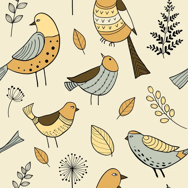 Modèle sans couture avec de mignons oiseaux gribouillis dessinés à la main — Image vectorielle