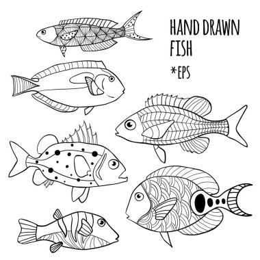 Vektör set el stilize balıklar çizilmiş