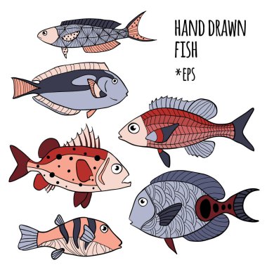 Vektör set el stilize balıklar çizilmiş