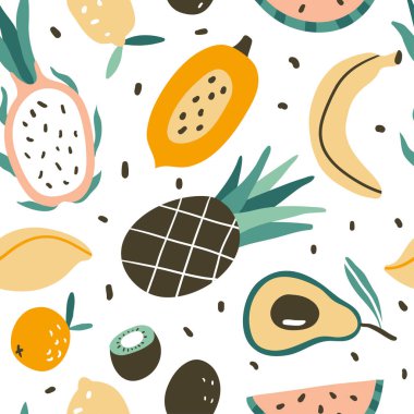 Seamless pattern with colorful doodle tropic fruit