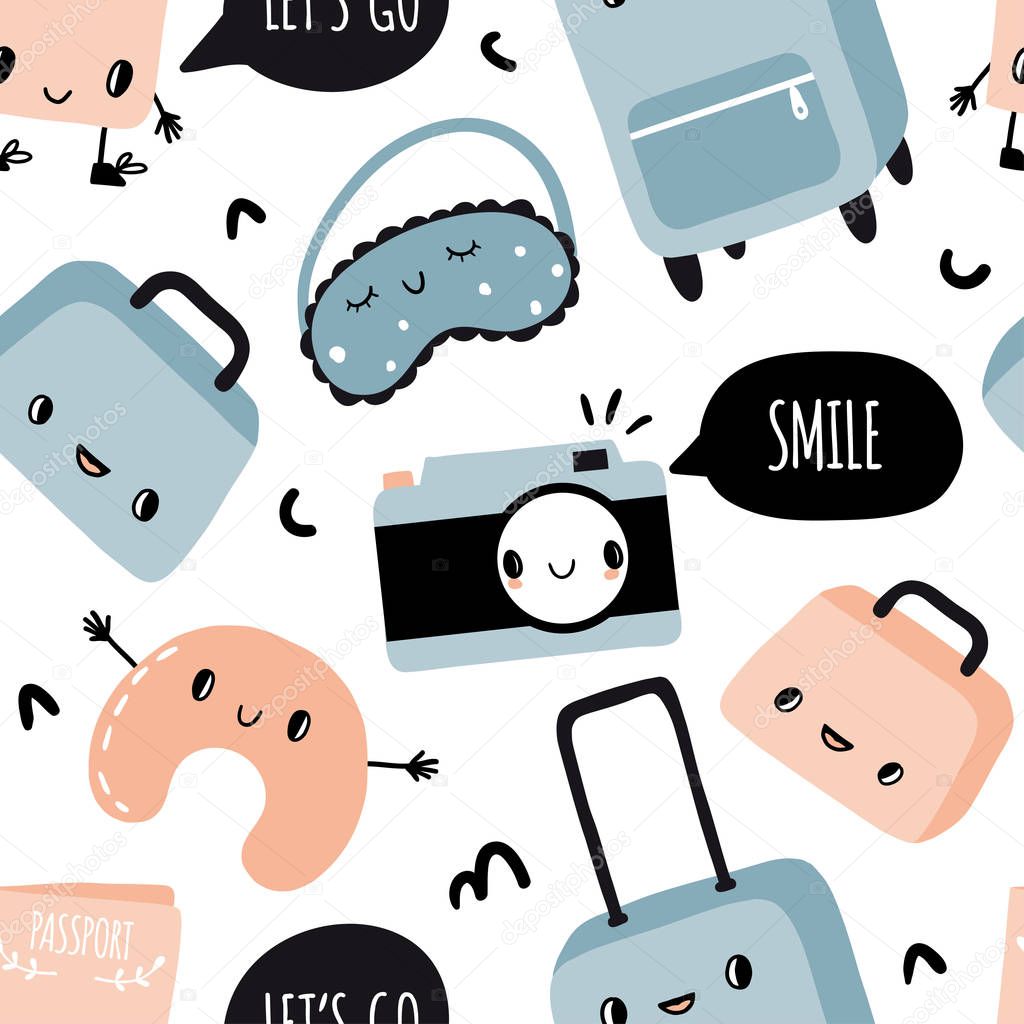 Seamless pattern travel kawaii objects 