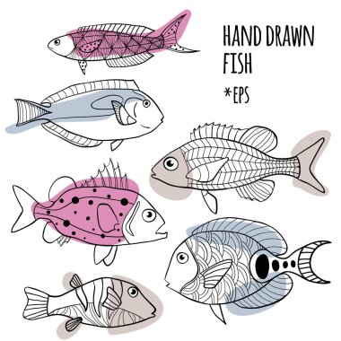 Vektör set el stilize balıklar çizilmiş