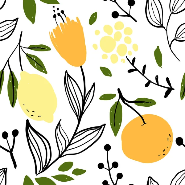 Laranja, limão e flor sem costura padrão — Vetor de Stock