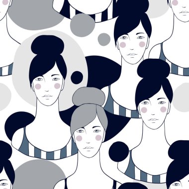 Elle çizilmiş kadın yüzleri ile dikişsiz desen