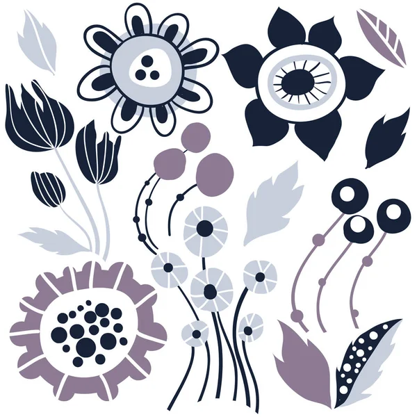 Floral vector set met doodle stijl abstracte bloemen — Stockvector